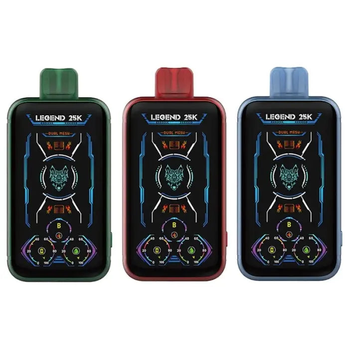 Three electronic vaping devices with colorful LED displays featuring a wolf icon.