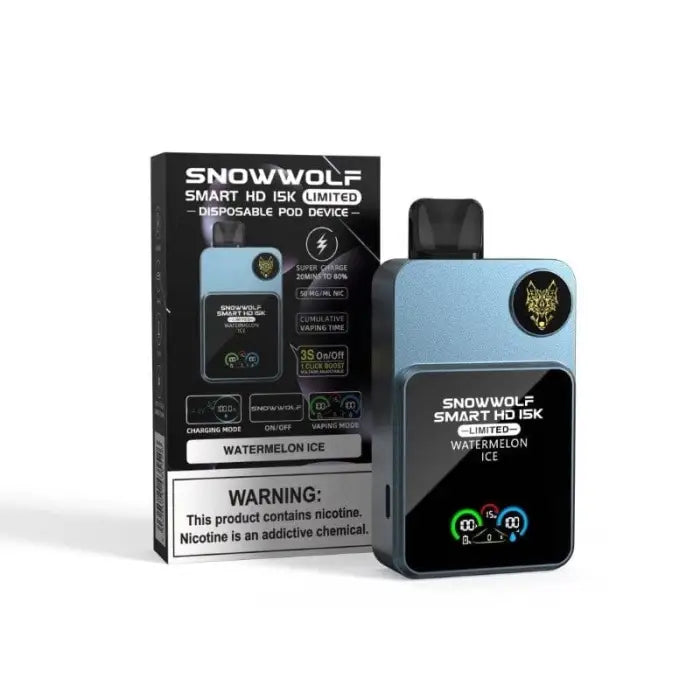 Electronic vaping device with packaging labeled ’Snowwolf Smart HD 80’’ in blue and black colors.