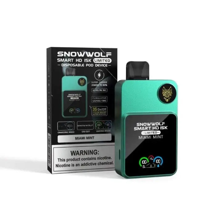 Teal-colored electronic vaping device with its packaging.