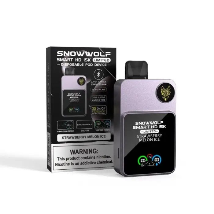 Electronic vaping device with packaging labeled ’Snowwolf Smart HD 80’’ in black and purple colors.