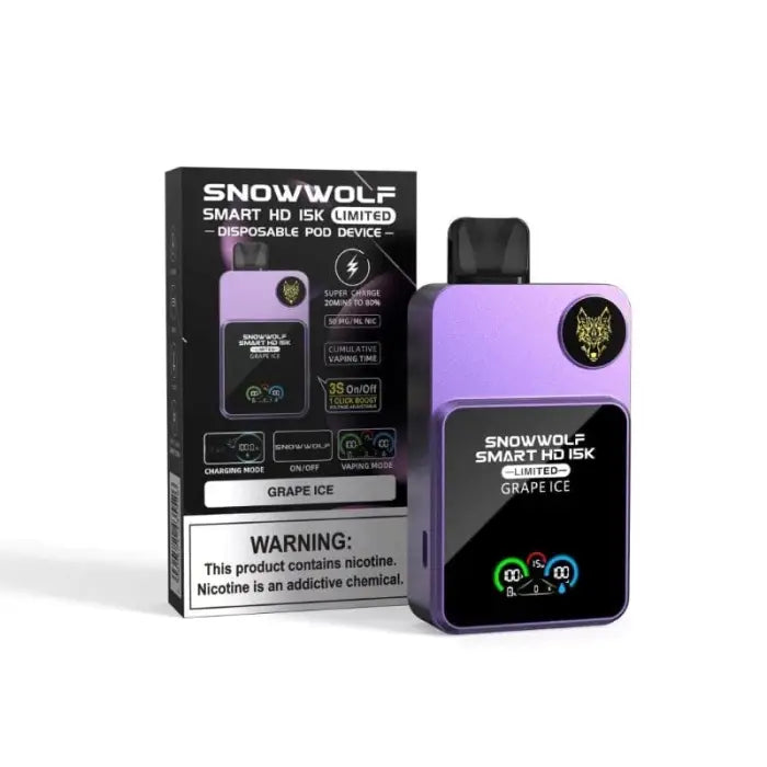 Purple electronic vaping device with ’Snowwolf’ branding and its packaging.