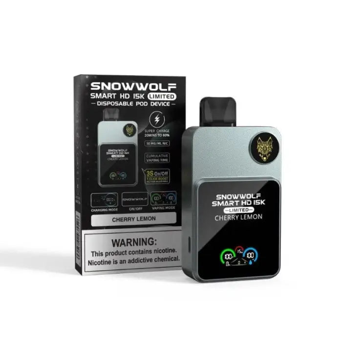 Electronic vaping device with a display screen and packaging labeled ’Snowwolf Smart HD 60.’