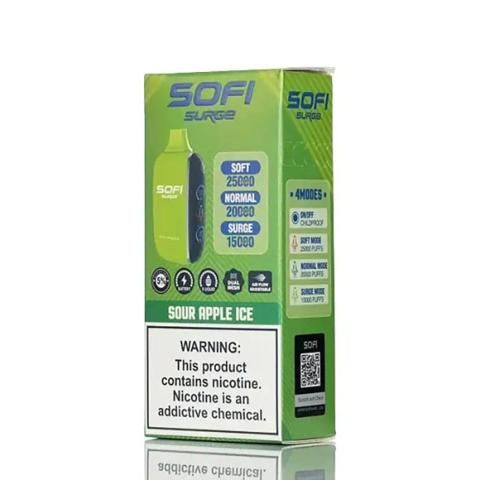 Disposable e-cigarette device in green packaging labeled ’SOFI’ and ’Sour Apple Ice’ flavor.