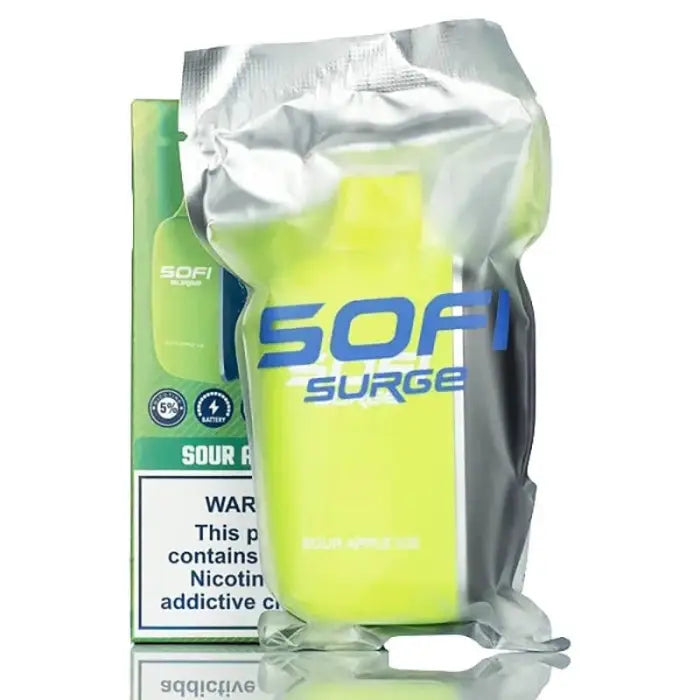 Disposable vape device in silver and neon green packaging labeled ’SOFI SURGE’.