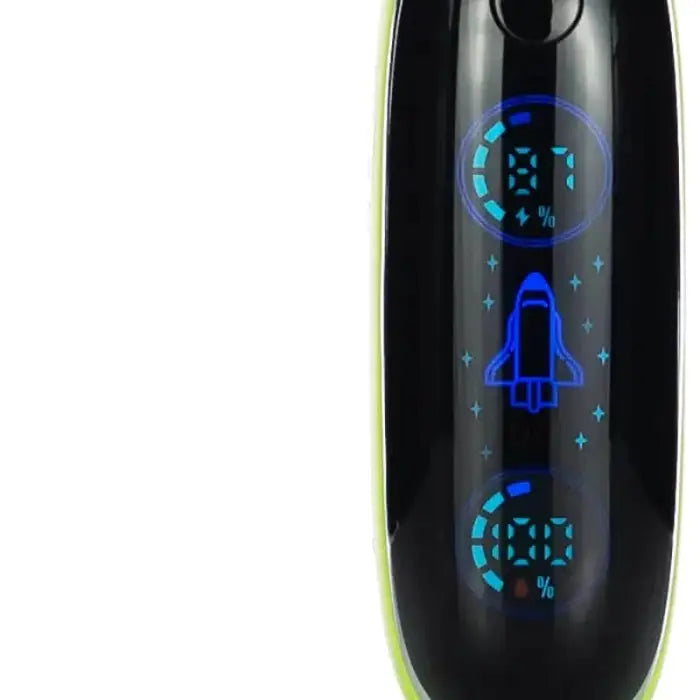 Electric toothbrush with a digital display showing a rocket icon and battery percentage.