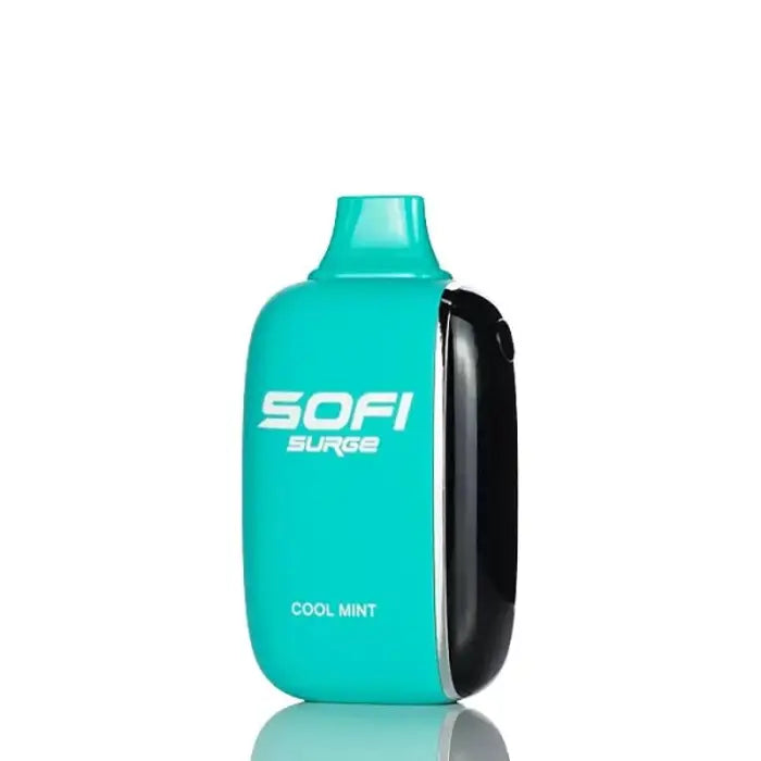 Teal and black electronic vaping device labeled ’SOFI’ and ’COOL MINT’.