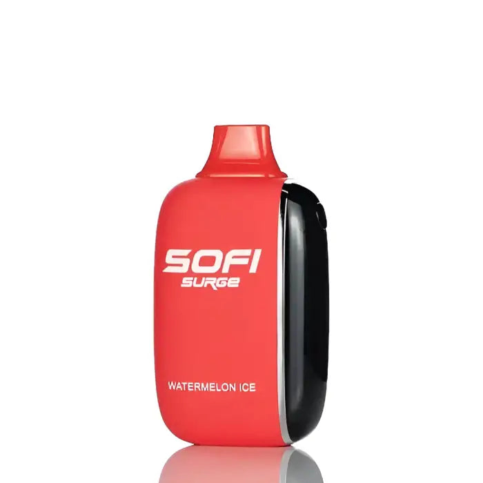 Red and black SOFI Surge vaping device labeled ’Watermelon Ice’.