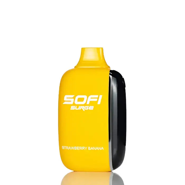 Yellow disposable vape device labeled ’SOFI’ with ’Strawberry Banana’ flavor.