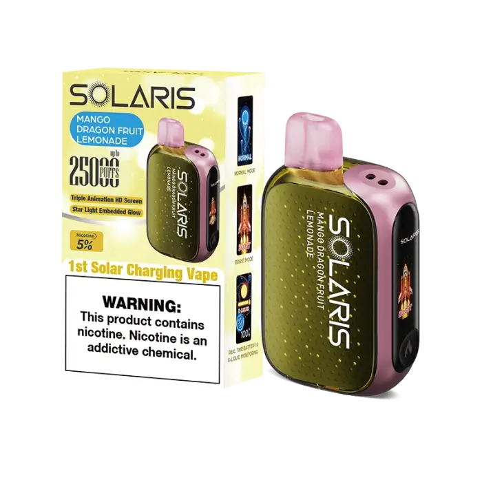 Disposable vape device called Solaris with mango dragonfruit flavor and solar charging capability.