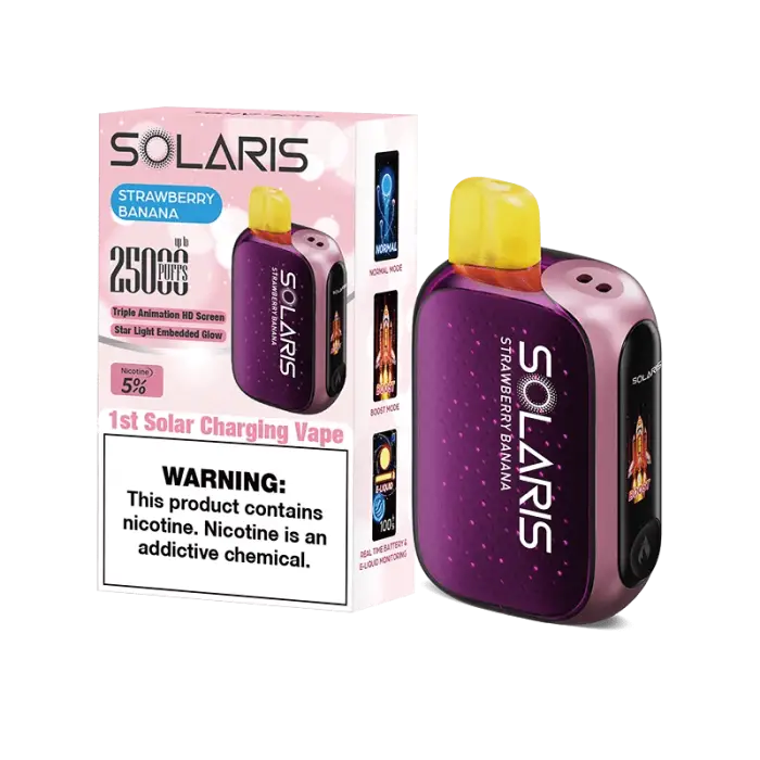 Purple disposable vape device with yellow cap labeled ’Solaris’ for strawberry banana flavor.