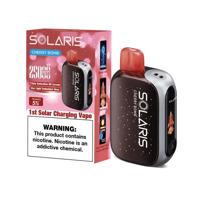 Solar-powered vaping device with its packaging, featuring a cherry bomb flavor.