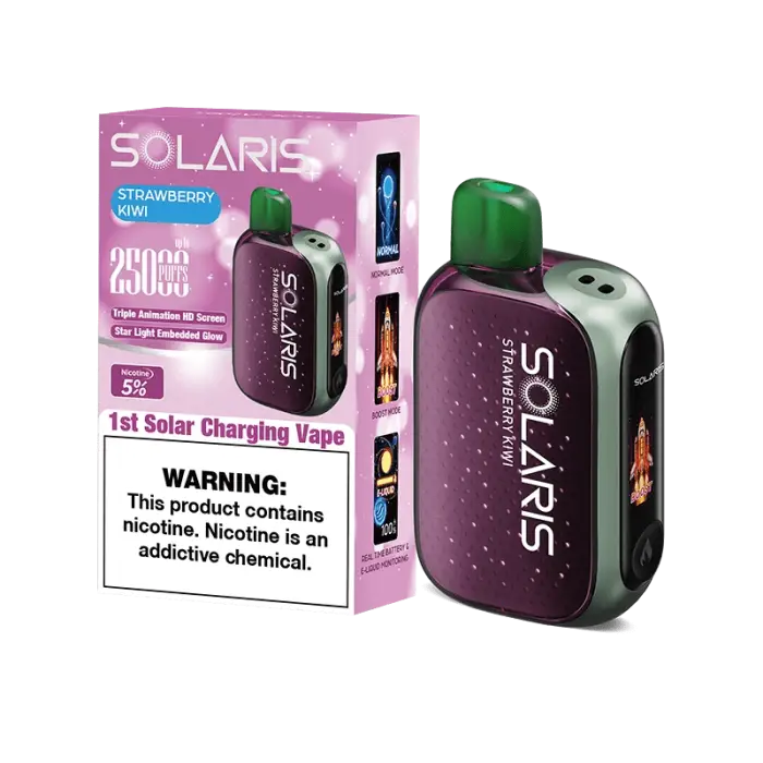 Solar-powered vaping device with its packaging, branded as ’Solaris’ in purple and green colors.