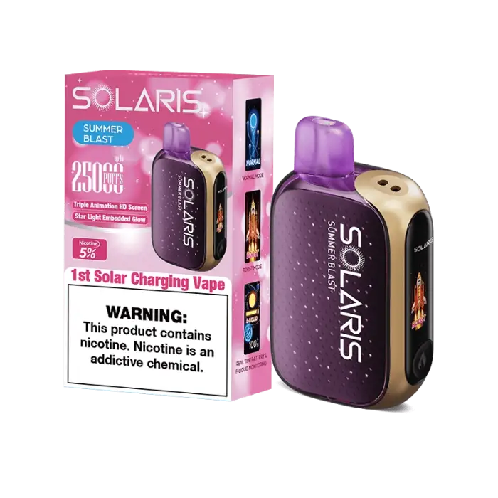 Solar-powered vaping device with purple and gold coloring.