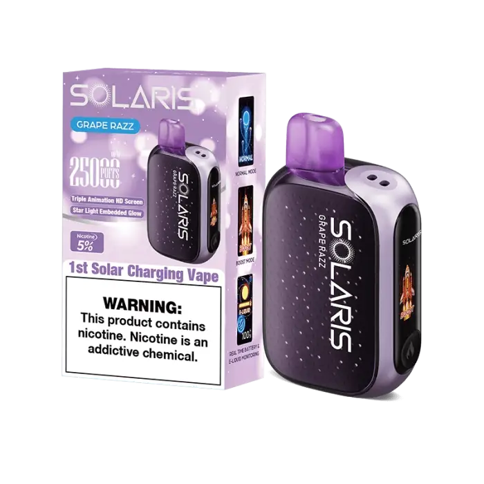 Solar-powered vaping device with a purple and black design.