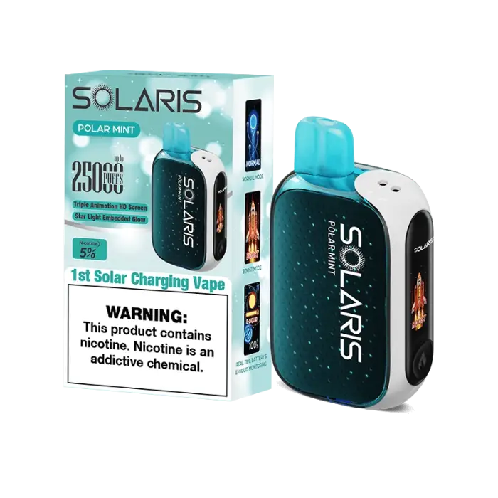 Solar-powered vaping device with teal and black color scheme.