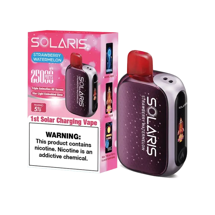 Solar-powered vaping device with strawberry watermelon flavor and nicotine warning.