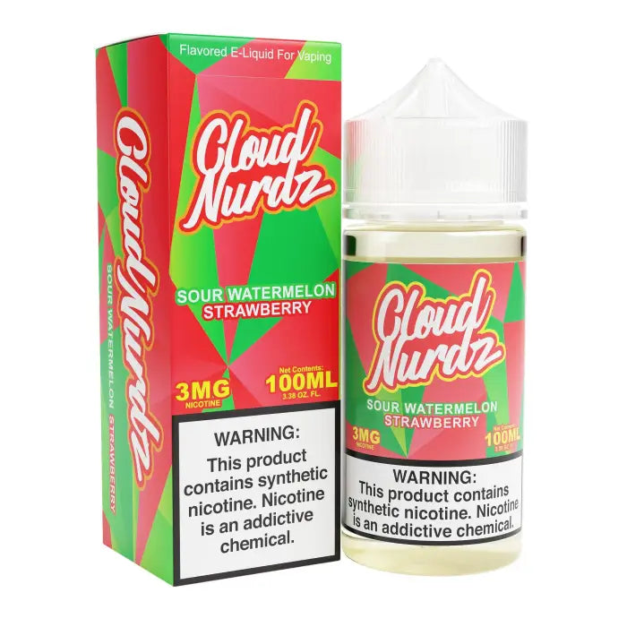 E-liquid bottle and packaging for Cloud Nurdz Sour Watermelon Strawberry vape juice.