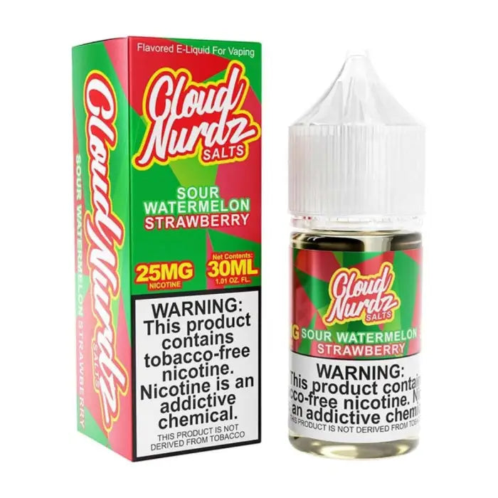 Bottle of Cloud Nurdz Salts e-liquid in Sour Watermelon Strawberry flavor with its packaging.