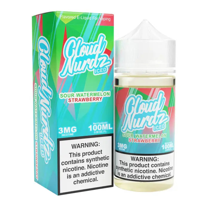 E-liquid bottle and packaging for Cloud Nurdz Sour Watermelon Strawberry flavor.