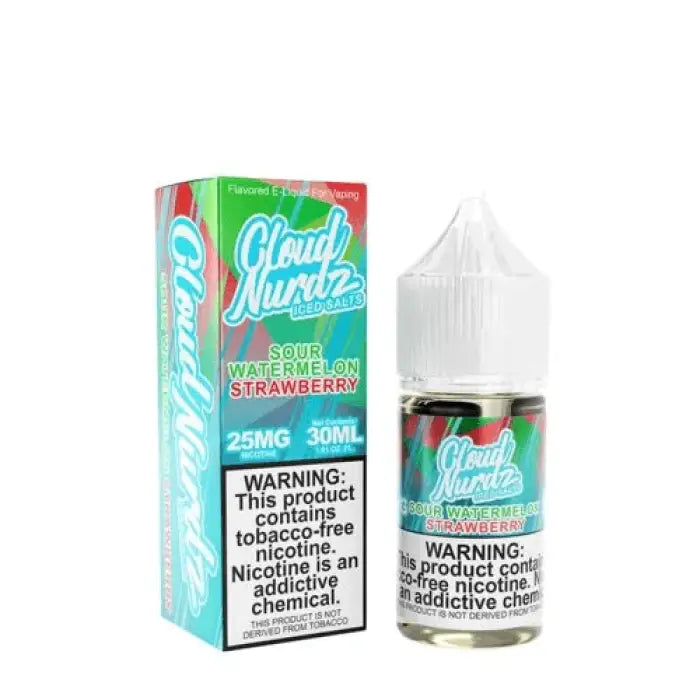 E-liquid bottle and packaging for ’Cloud Nurdz’ watermelon strawberry flavor vape juice.