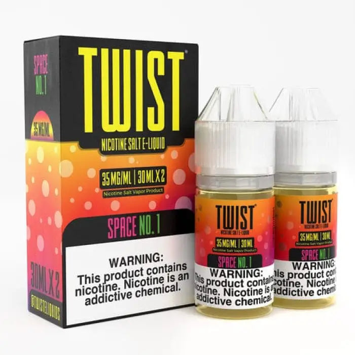 Colorful packaging and bottles for ’TWIST’ nicotine salt e-liquid in ’Space No. 1’’ flavor.