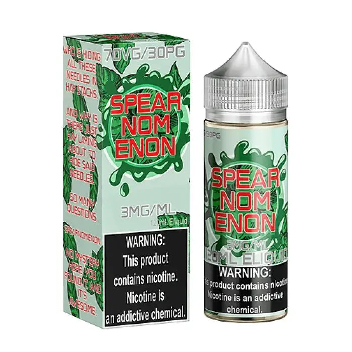 E-liquid bottle and packaging for a vape product called ’Spear Nom Enon’ with green splash design.