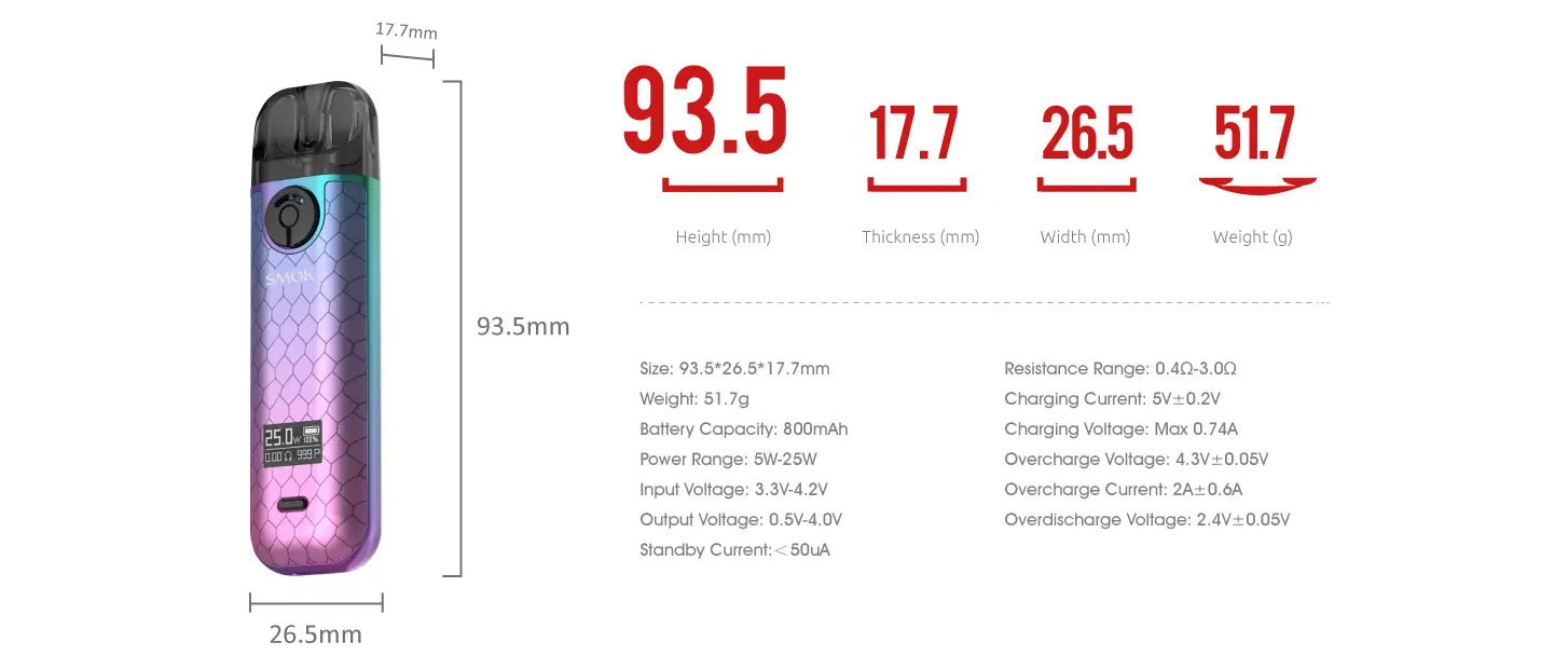 Vape device showcasing Smok Novo 4 25W Pod Kit with LP1 Meshed specifications.