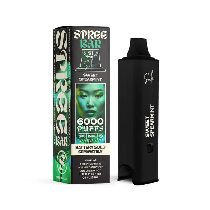 Disposable vape device with packaging featuring green and black colors.