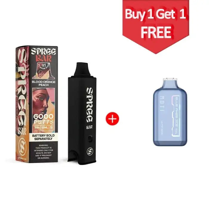 Disposable vape device with packaging and a promotional offer for a free e-liquid bottle.