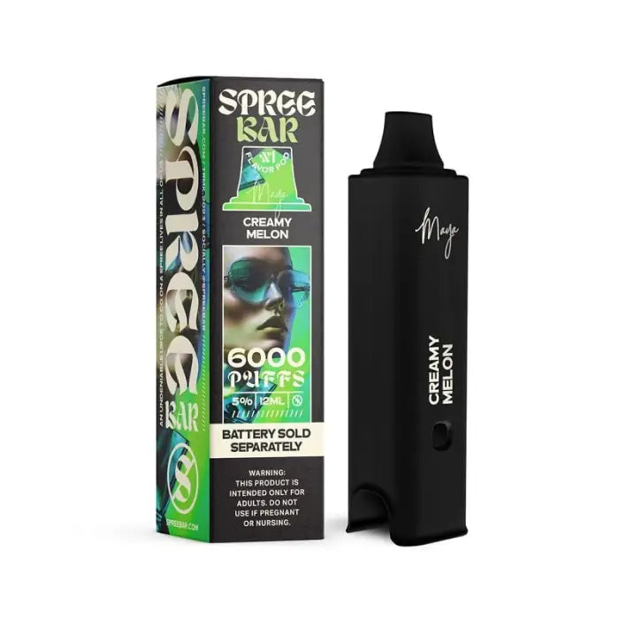 Disposable vape device with packaging featuring a ’Spree Bar’ brand and ’Creamy Melon’ flavor.