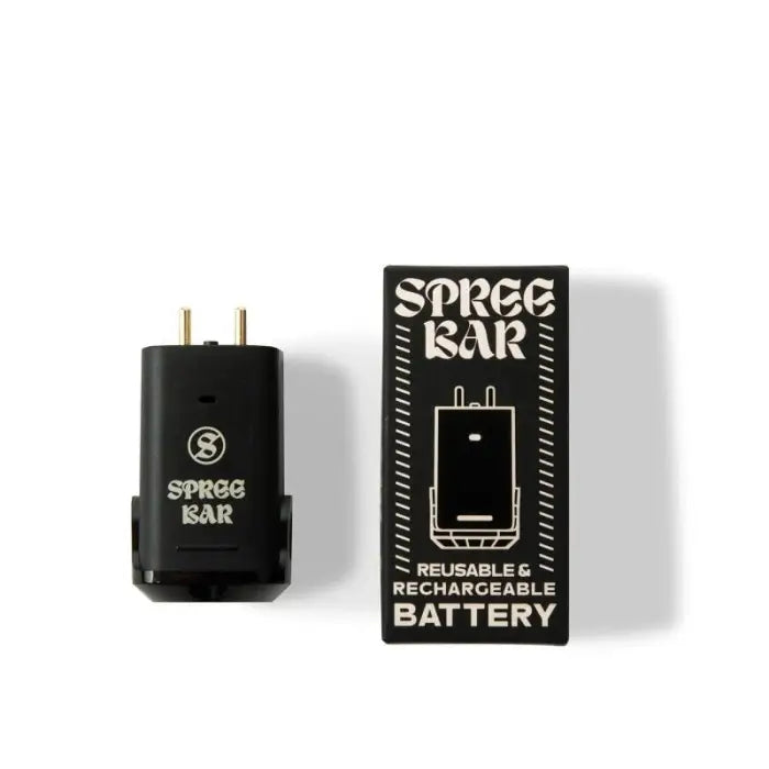 Rechargeable battery pack for electronic devices, labeled ’Spree Bar’ with its packaging.