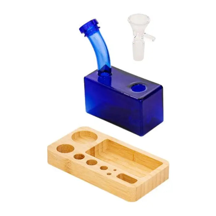 Blue glass water pipe with a curved neck and rectangular base.