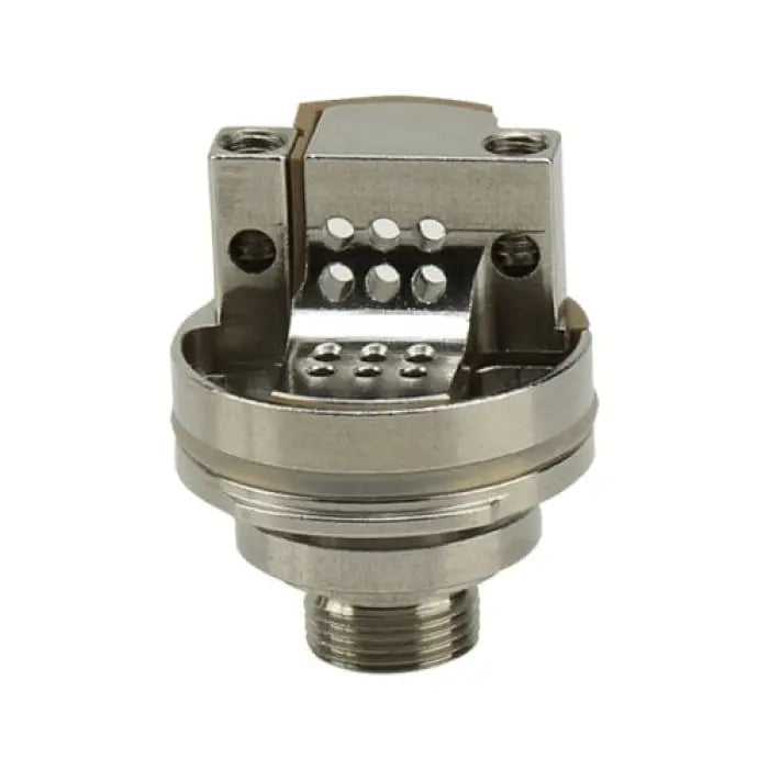 Metallic vaping atomizer or rebuildable dripping atomizer (RDA) deck with post holes and airflow holes.