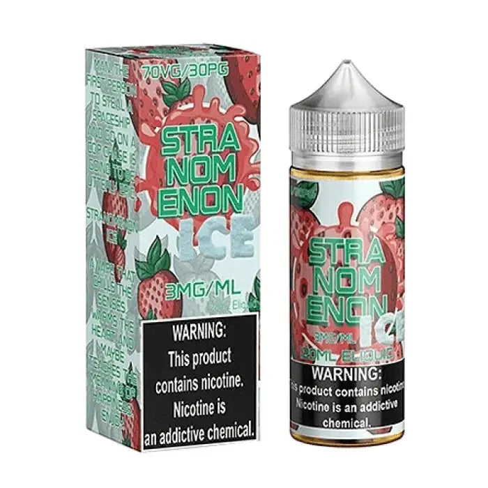 E-liquid bottle and packaging for ’Stra Nom Enon Ice’ vape juice featuring strawberry imagery.