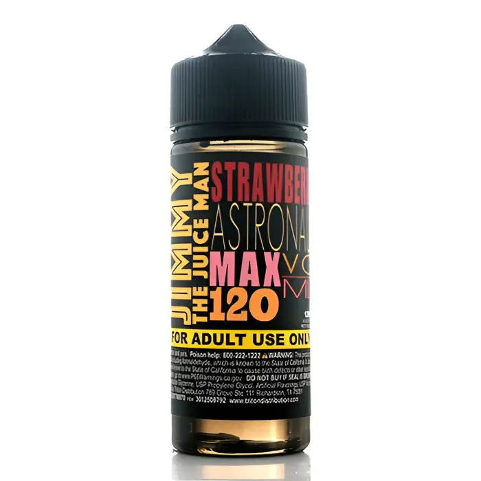 Bottle of e-liquid labeled ’Strawberry Astronaut Max 120’’ for vaping.