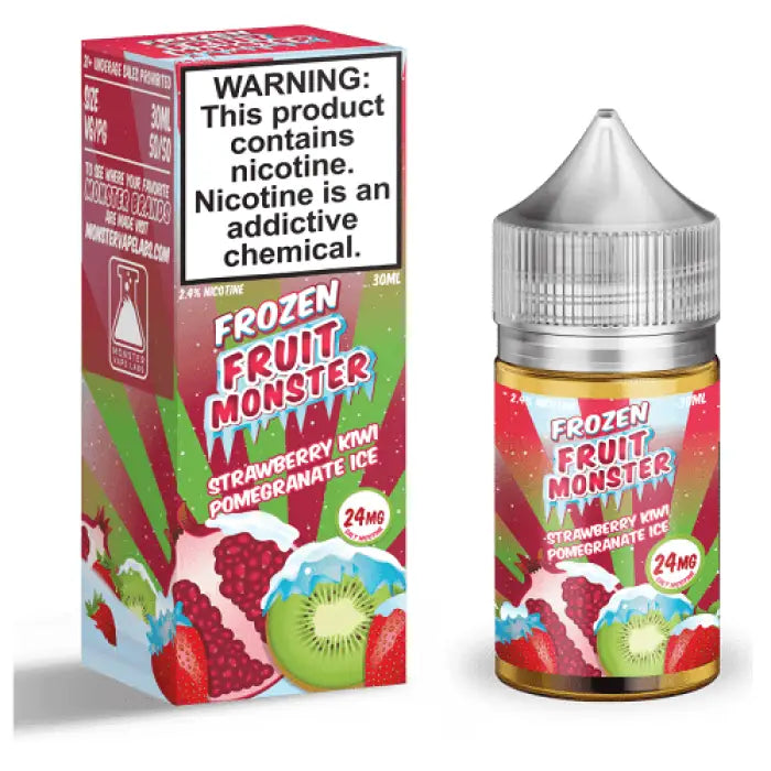 E-liquid bottle for vaping with colorful fruit-themed packaging and a nicotine warning label.