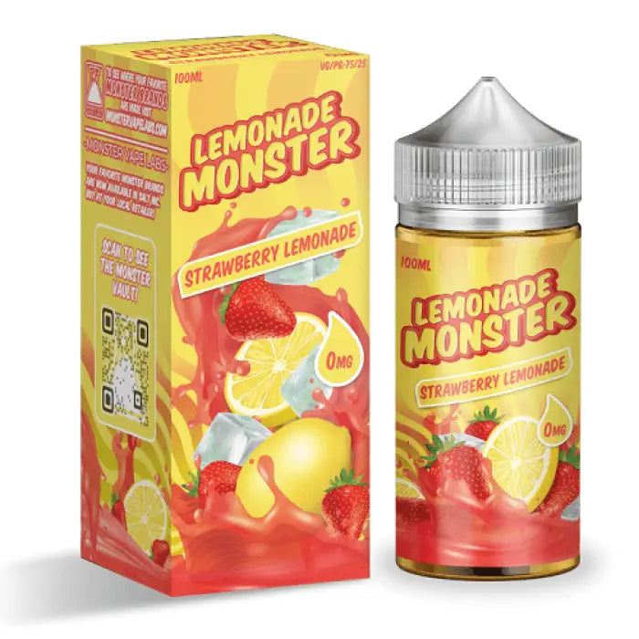 Bottle and packaging of Lemonade Monster strawberry lemonade e-liquid for vaping.