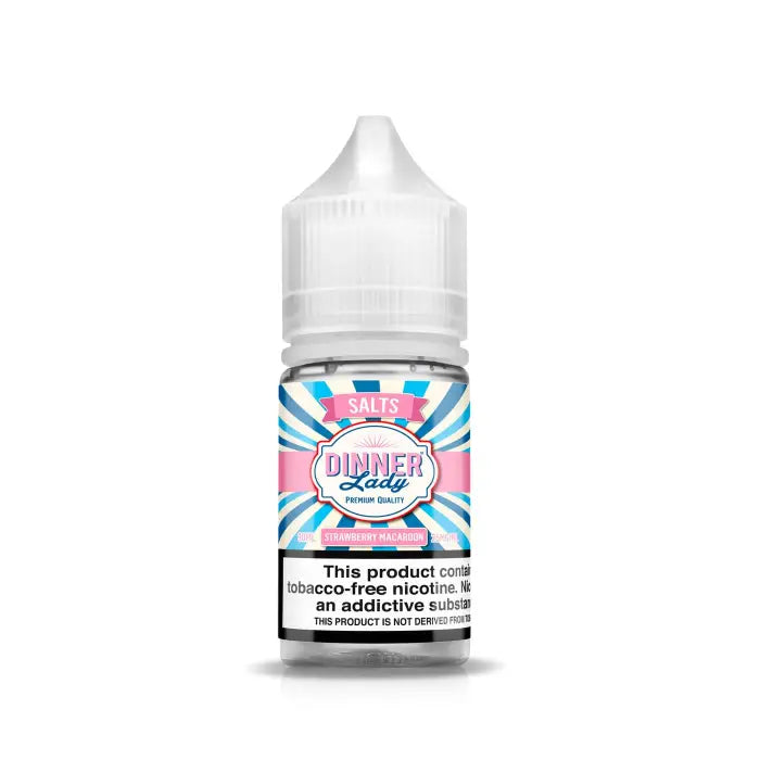 Bottle of e-liquid labeled ’Dinner Lady’ with a colorful retro-style design.