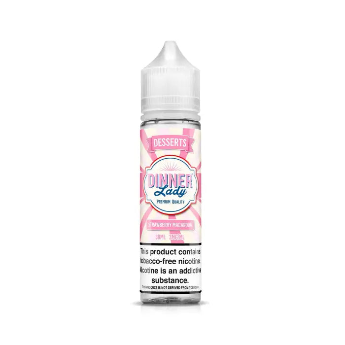 Bottle of e-liquid labeled ’Dinner Lady’ with pink and white design elements.