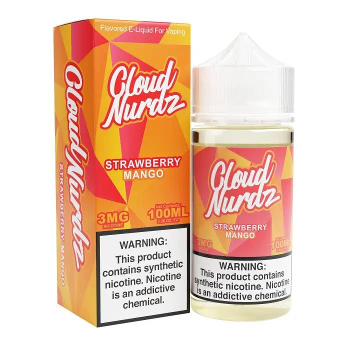 E-liquid bottle and packaging for ’Cloud Nurdz’ strawberry mango flavor vape juice.