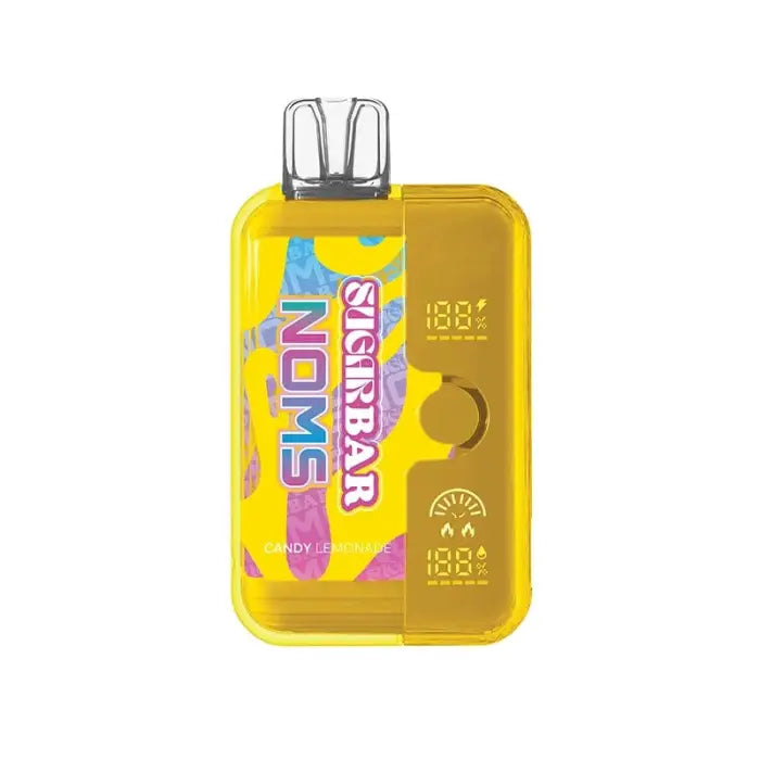 Yellow rectangular vaping device with colorful text and a transparent window.