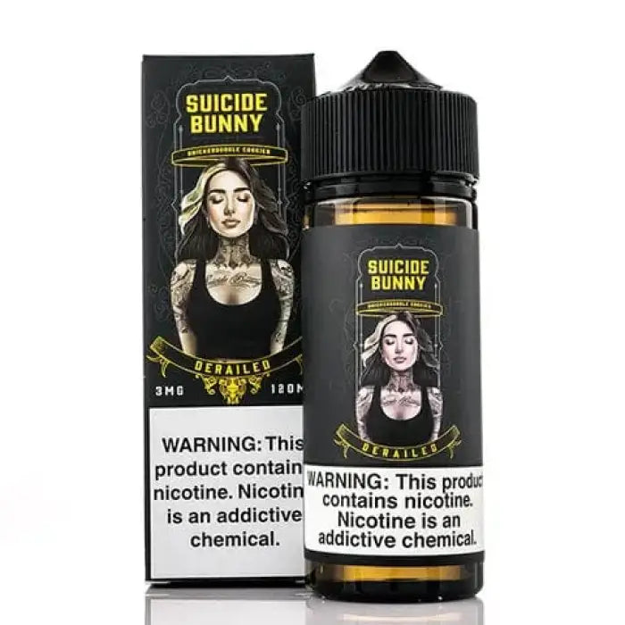 E-liquid bottle and packaging for a vape product called ’Suicide Bunny’ featuring gothic-style artwork.