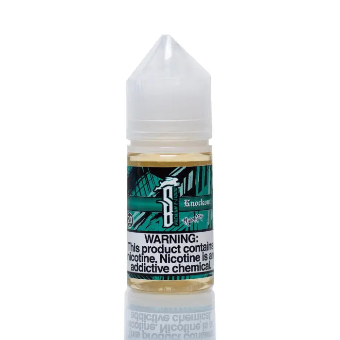 Bottle of e-liquid or vape juice with a green and black label.