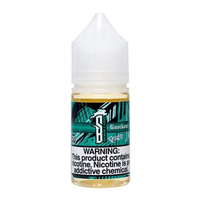 Bottle of e-liquid or vape juice with a warning label about nicotine content.