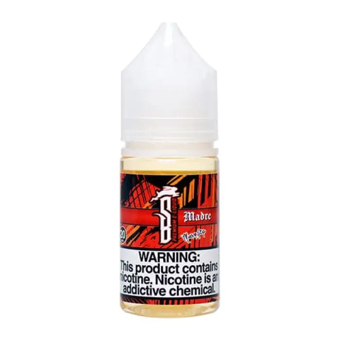 Bottle of e-liquid or vape juice with a red and black label featuring a warning about nicotine.