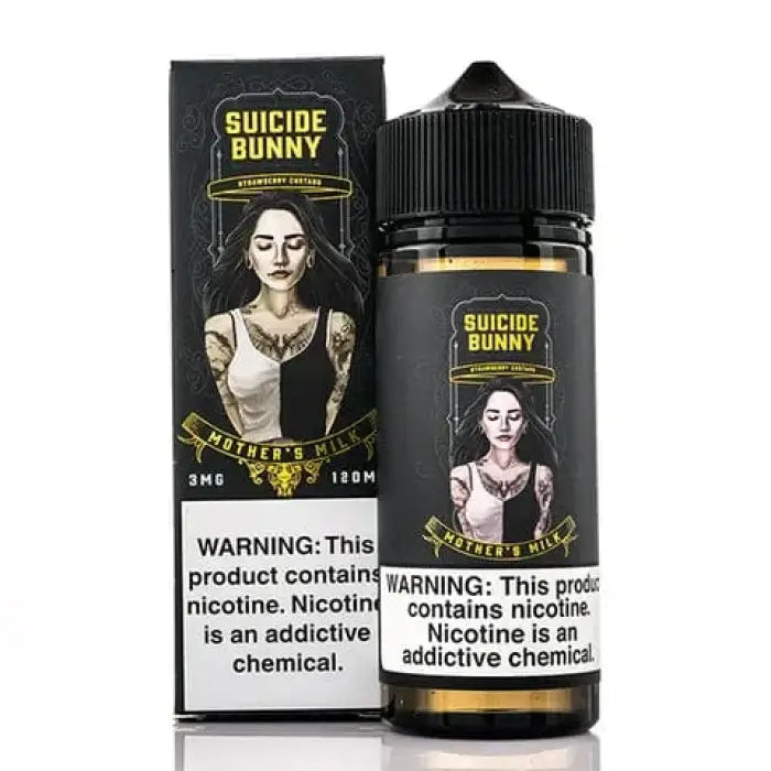 Vape juice bottle and packaging featuring a gothic-style illustration of a woman on the label.