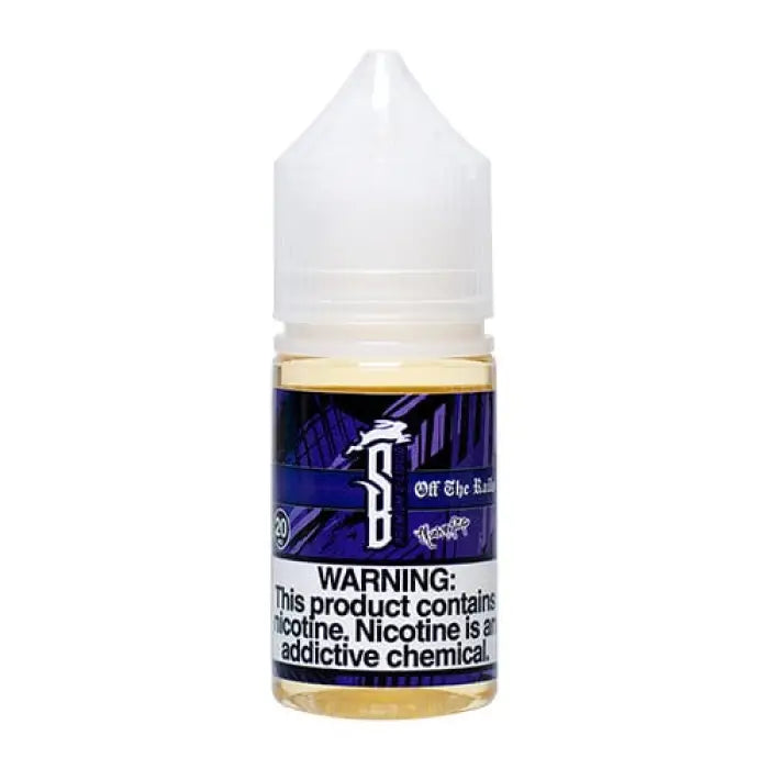 Bottle of e-liquid or vape juice with a blue and purple label.