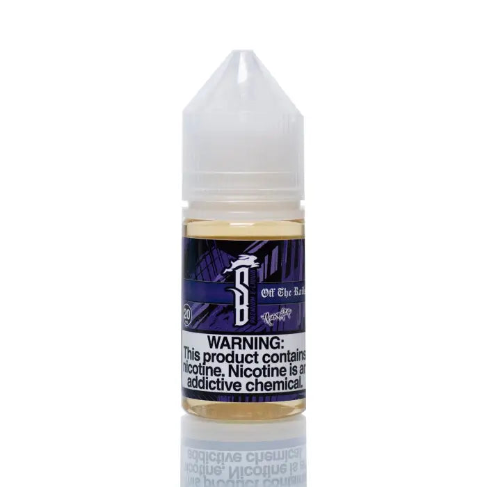 Bottle of e-liquid or vape juice with a purple and white label.