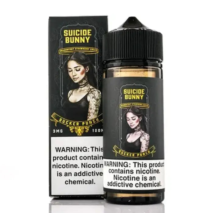 E-liquid bottle and packaging for a vaping product called ’Suicide Bunny’.