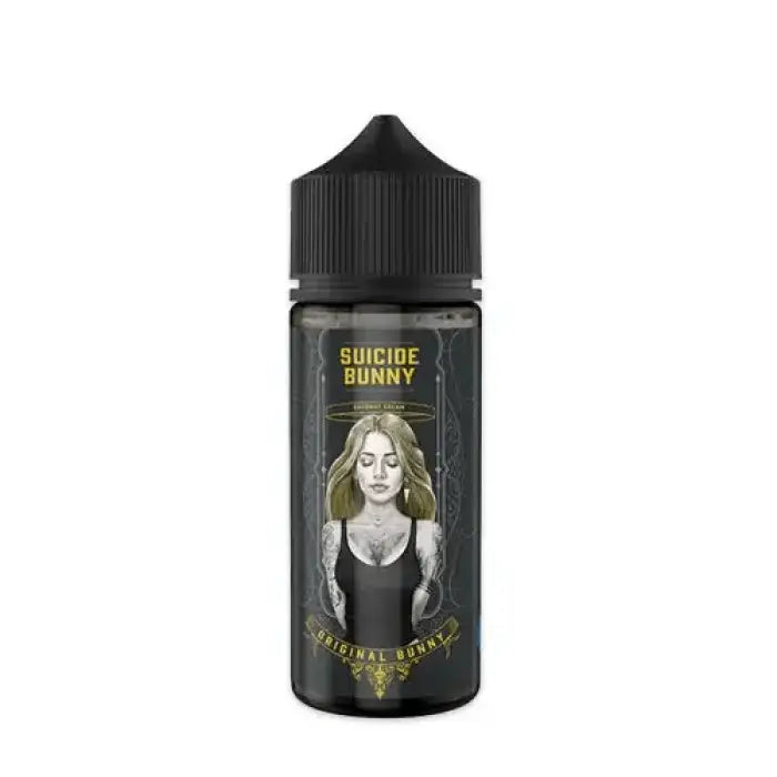 Black e-liquid bottle with a label featuring an illustrated woman and the text ’Suicide Bunny’.